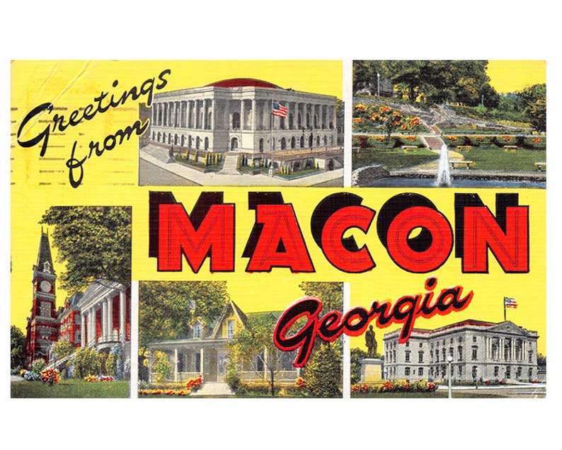 hometown gift retro gift idea southern hospitality mid century modern decor Greetings from Macon Georgia 1950s vintage linen postcard