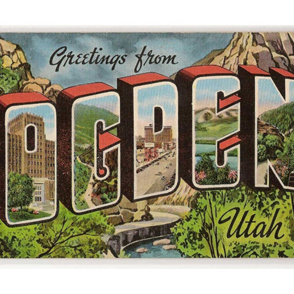 Ogden Utah vintage linen postcard | Pine View Lake | Cache National Forest | greetings from Ogden | 1940s Utah travel postcard | UT postcard