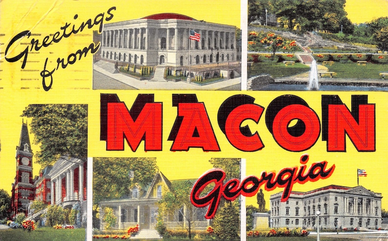 hometown gift retro gift idea southern hospitality mid century modern decor Greetings from Macon Georgia 1950s vintage linen postcard