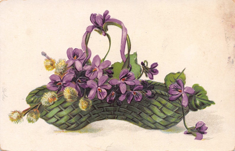Purple flowers in green basket antique postcard 1900s vintage decor ideas Victorian botanical decor spring decor Edwardian art
