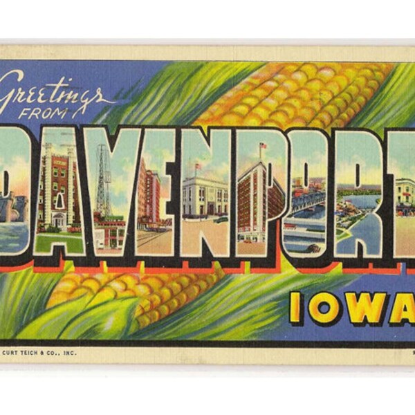Davenport Iowa vintage linen postcard | 1940s IA farm decor | Iowa travel postcard | vintage 1940s graphic design | rustic kitchen decor