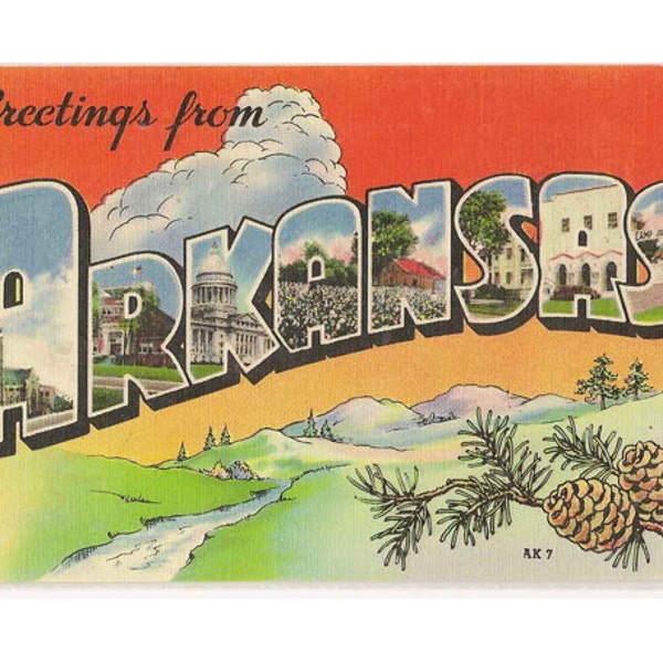 Arkansas vintage linen postcard | greetings from Arkansas postcard | 1940s AR travel postcard | southern decor | state postcard