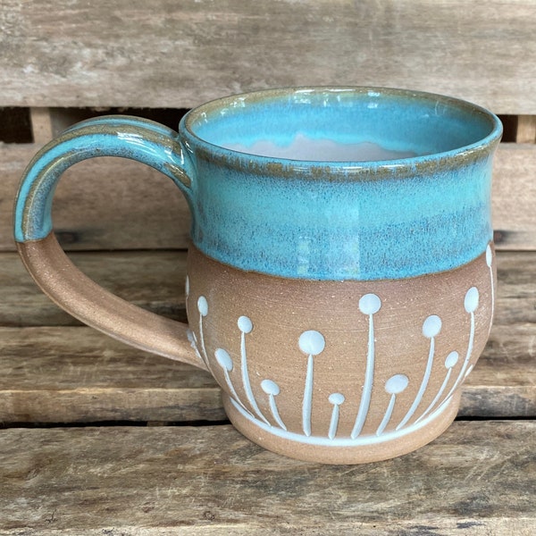 Stoneware Pottery Large Mushroom Mug - Big Handmade Ceramic Mug - Unique carved mug