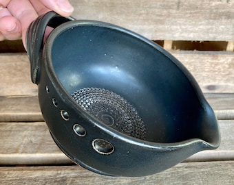 Stoneware Pottery Garlic Grating Bowl - Matte Black Salad Dressing Bowl - Herb Stripper - Herb Infused Oil Making Bowl