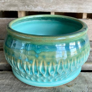 Stoneware Succulent Planter - Carved Pottery Planter - Green/Seafoam Carved Planter