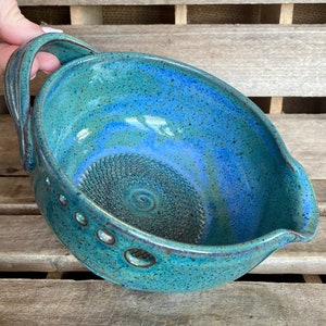 Ready to Ship - Stoneware Pottery Garlic Grating Bowl - Blue/Green Salad Dressing Bowl - Herb Stripper - Herb Infused Oil Making Bowl
