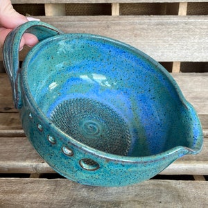 Stoneware Pottery Garlic Grating Bowl - Blue/Green Salad Dressing Bowl - Herb Stripper Bowl - Herb Infused Oil Making Bowl