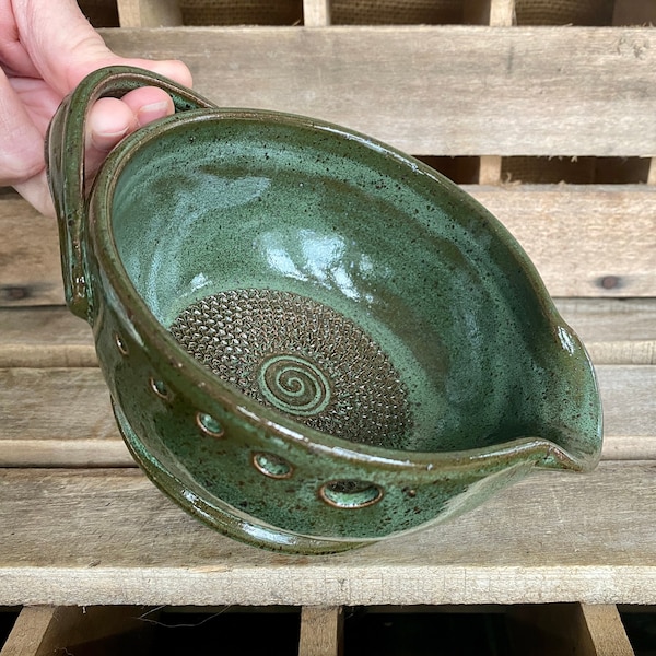 Stoneware Pottery Garlic Grating Bowl - Dark Green Salad Dressing Bowl - Herb Stripper - Herb Infused Oil Making Bowl