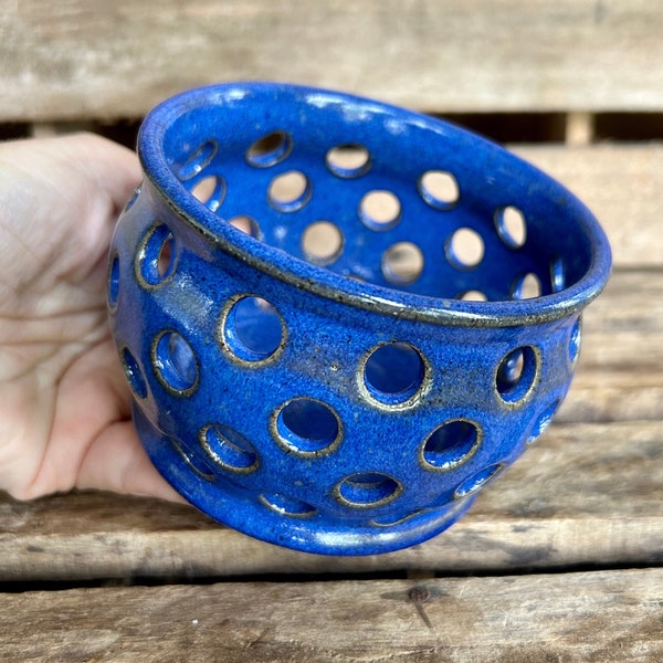 Stoneware Luminary - Pottery Candle Holder - Royal Blue Ceramic Luminary - Small Orchid Planter