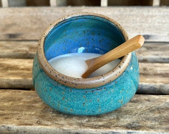 Pottery Salt Pig - Teal/Blue Salt Cellar with Spoon - Housewarming gift