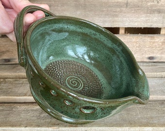 Stoneware Pottery Garlic Grating Bowl - Dark Green Salad Dressing Bowl - Herb Stripper - Herb Infused Oil Making Bowl