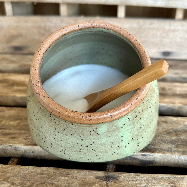 Pottery Salt Pig - Sage Green Salt Cellar with Spoon - Housewarming gift