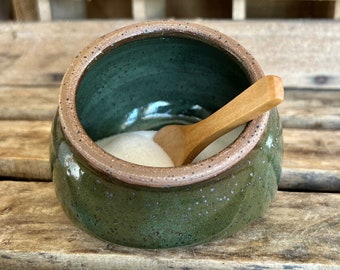 Pottery Salt Pig - Dark Green Salt Cellar with Spoon - Housewarming gift