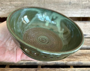 Pottery Garlic Grating Bowl with Herb Stripper - Dark Green Garlic Grater - Ginger Zester - Herb Stripping Bowl