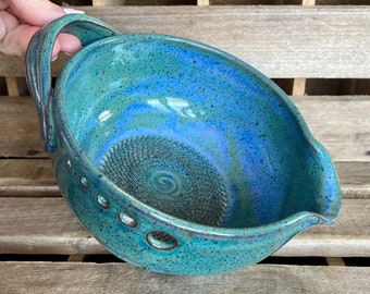 Stoneware Pottery Garlic Grating Bowl - Blue/Green Salad Dressing Bowl - Herb Stripper Bowl - Herb Infused Oil Making Bowl