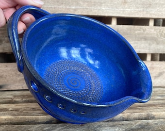 Stoneware Pottery Garlic Grating Bowl - Royal Blue Salad Dressing Bowl - Herb Stripping Bowl - Herb Infused Oil Making Bowl