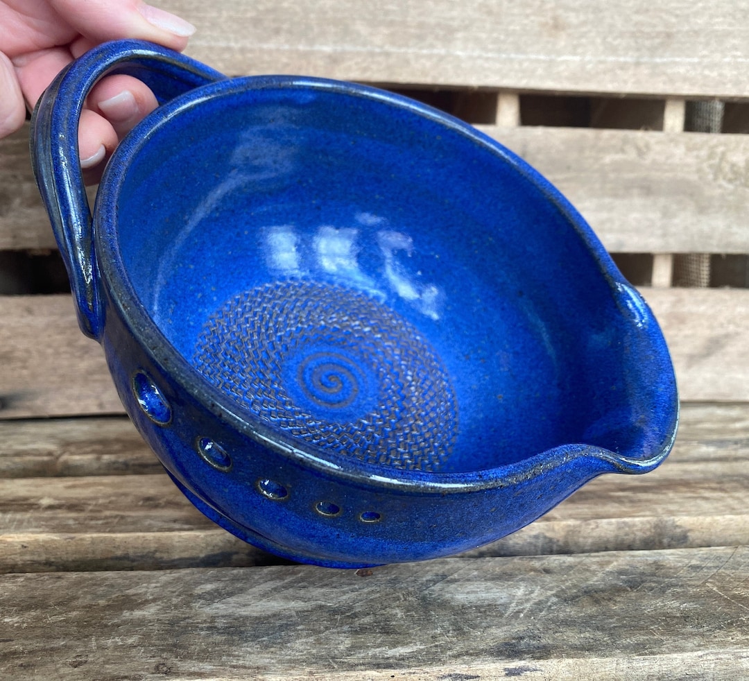 Stoneware Pottery Garlic Grating Bowl Royal Blue Salad Dressing Bowl