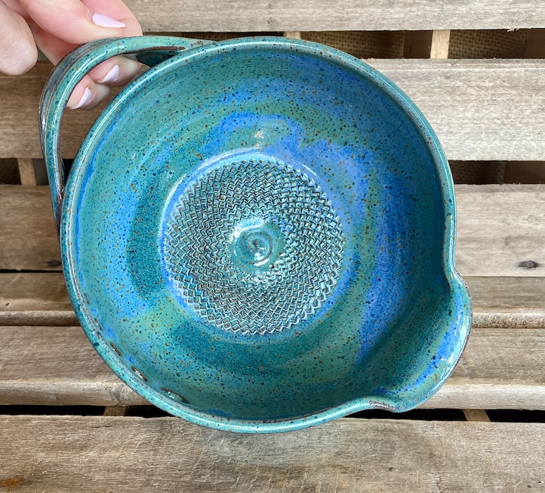 Stoneware Pottery Garlic Grating Bowl Blue/Green Salad Dressing Bowl Herb Stripper Bowl Herb Infused Oil Making Bowl Bild 2