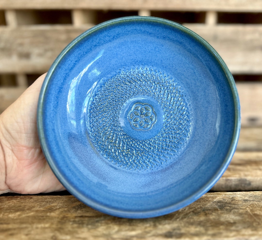 Pottery Garlic Grating Bowl Blue Garlic Grater Ginger Etsy