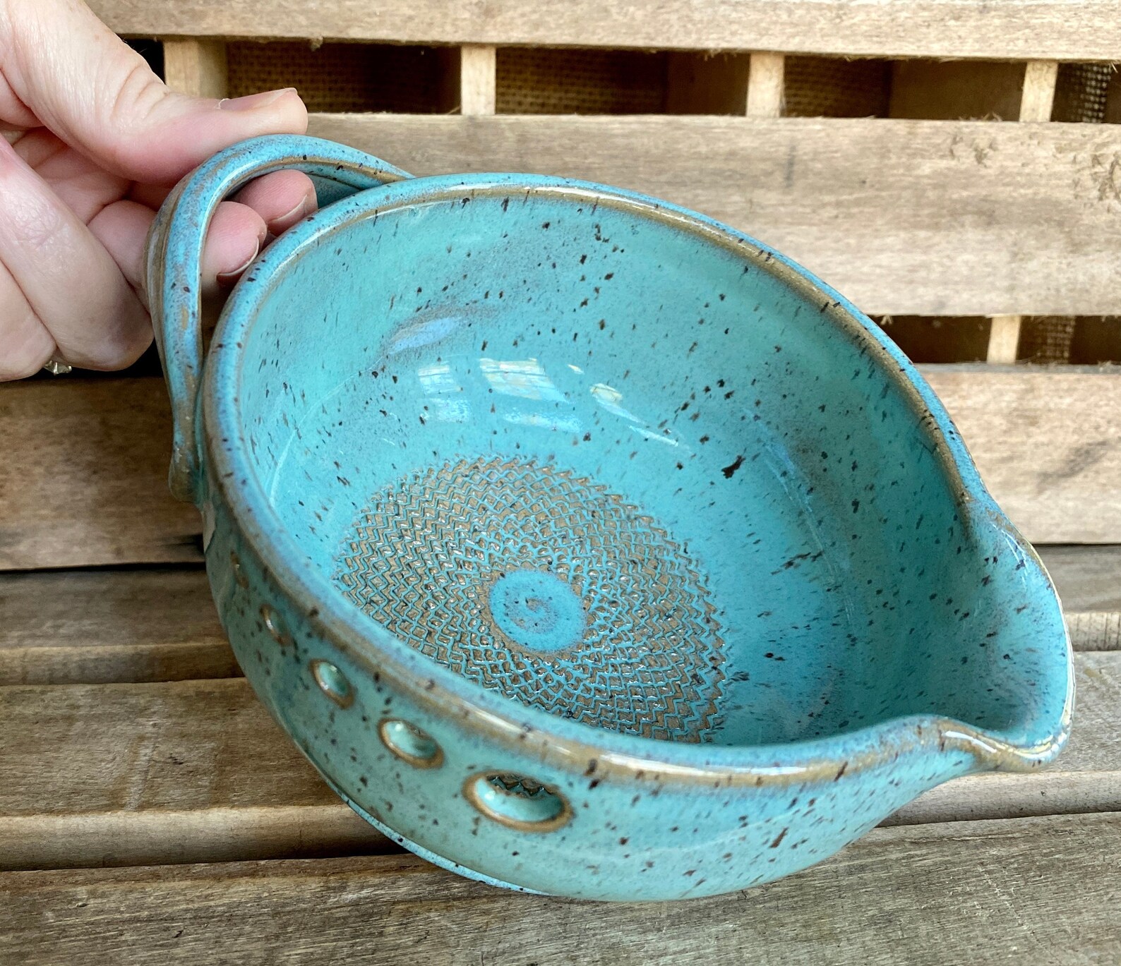Stoneware Pottery Garlic Grating Bowl Turquoise Salad Etsy