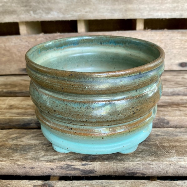 Stoneware Succulent Pot - Handmade Wheel Thrown Planter with Drain Hole and feet