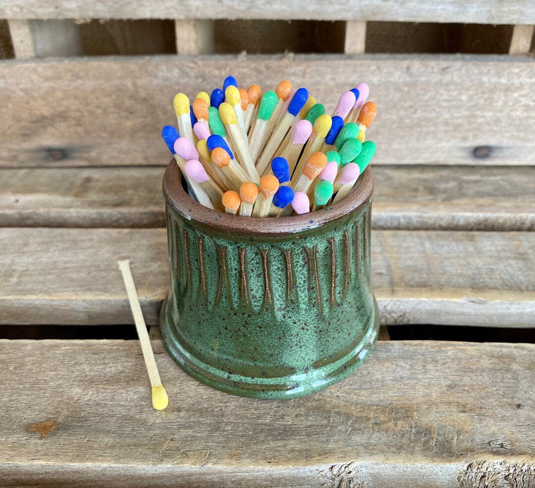 Handmade Pottery Match Holder Carved Green Match Striker Ceramic Match