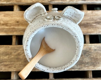 Salt Pig - Pottery Salt Pig - White Piggy Salt Cellar with Spoon - Housewarming gift