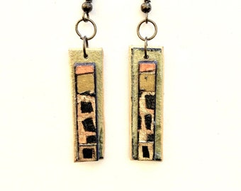 Gold, Rose & Black Rectangle Handmade Unique Paper Collage Earrings, Lightweight and Durable