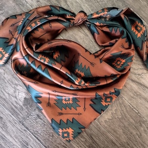 Wild Rag 100% SILK Brown and Teal Green Aztec Arrow Western Neck Scarf Bandanna by Double B Wild Rags