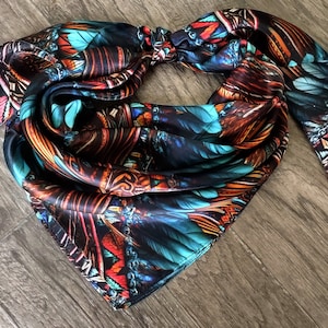 Wild Rag 100% SILK Native Teal and Gold Feather Cowboy Western Neck Scarf Bandanna by Double B Wild Rags