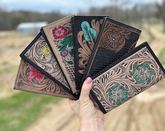 Western long wallet snap closure tooled floral leather details in black by Double B Wild Rags