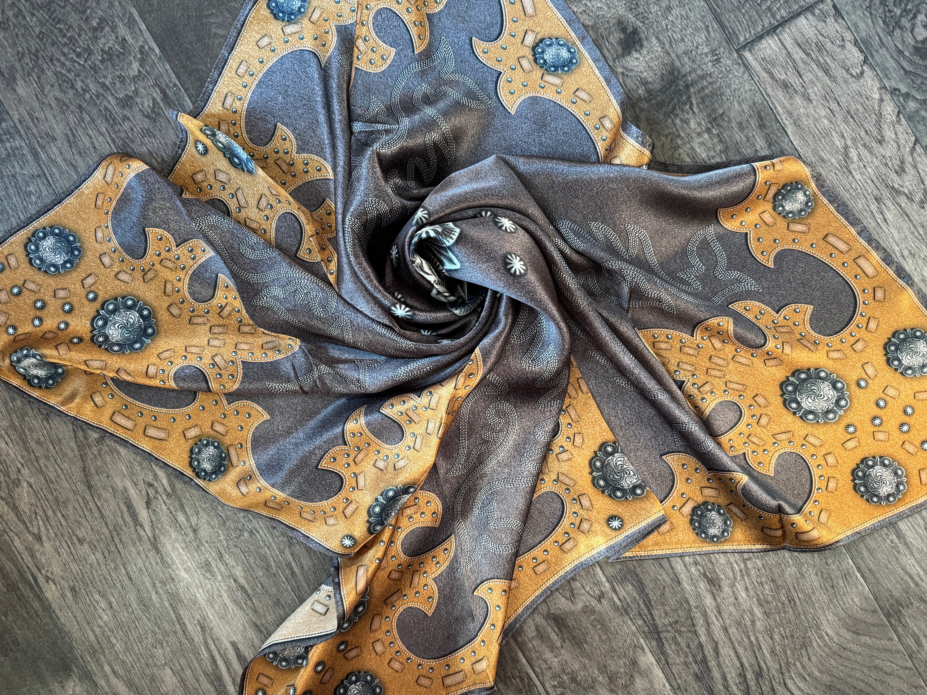 100% Silk Wild Rag Charcoal Brown Suede Leather and Conchos With Boot ...