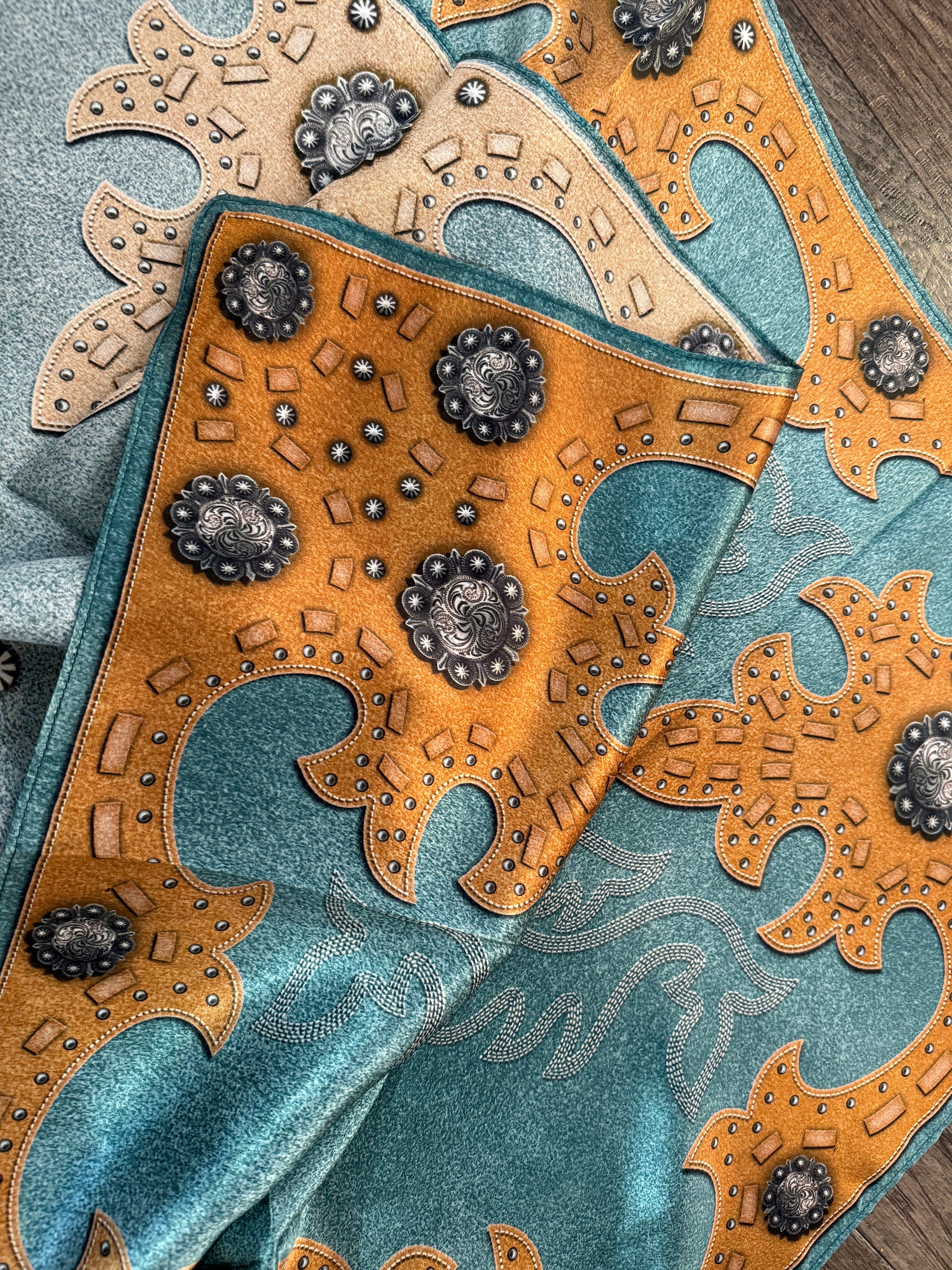 Dixie Blue Rag 100% Silk Wild Rag Dusty Blue Suede Leather and Conchos With Boot ...