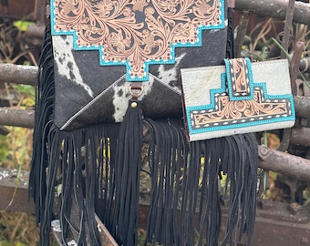 Monedero de piel de vacuno auténtica estilo western en negro y turquesa con flecos de Double B Wild Rags