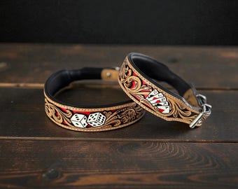 Handmade Western Leather Dog Collar: Cards & Dice Inlay
