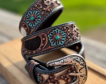 western style belt with turquoise detail buckle Tooled Leather Belt with Turquoise Aztec Design main image 4