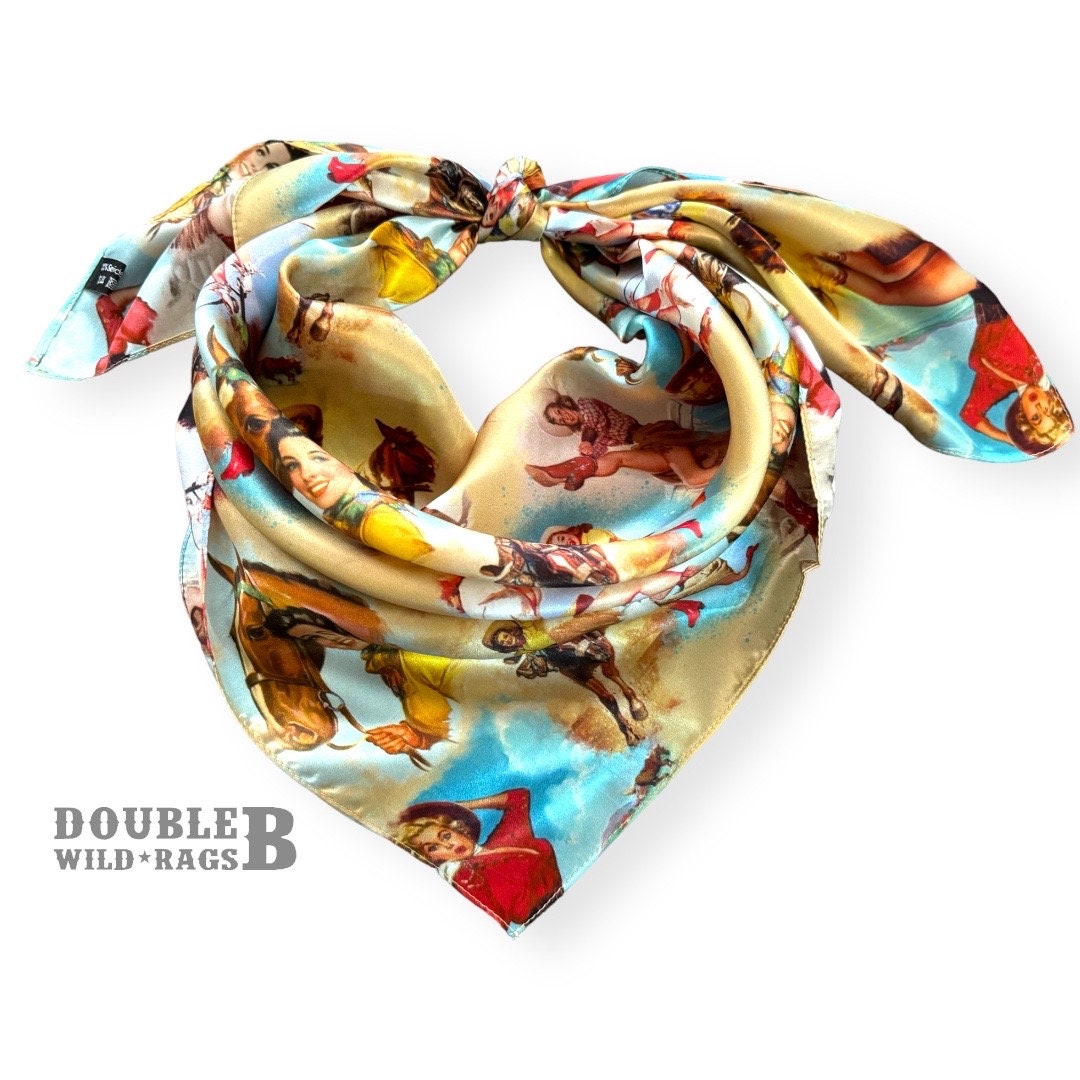 100% Silk Wild Rag Yellow Vintage Pin up Cowgirls by Double B Wild Rags ...