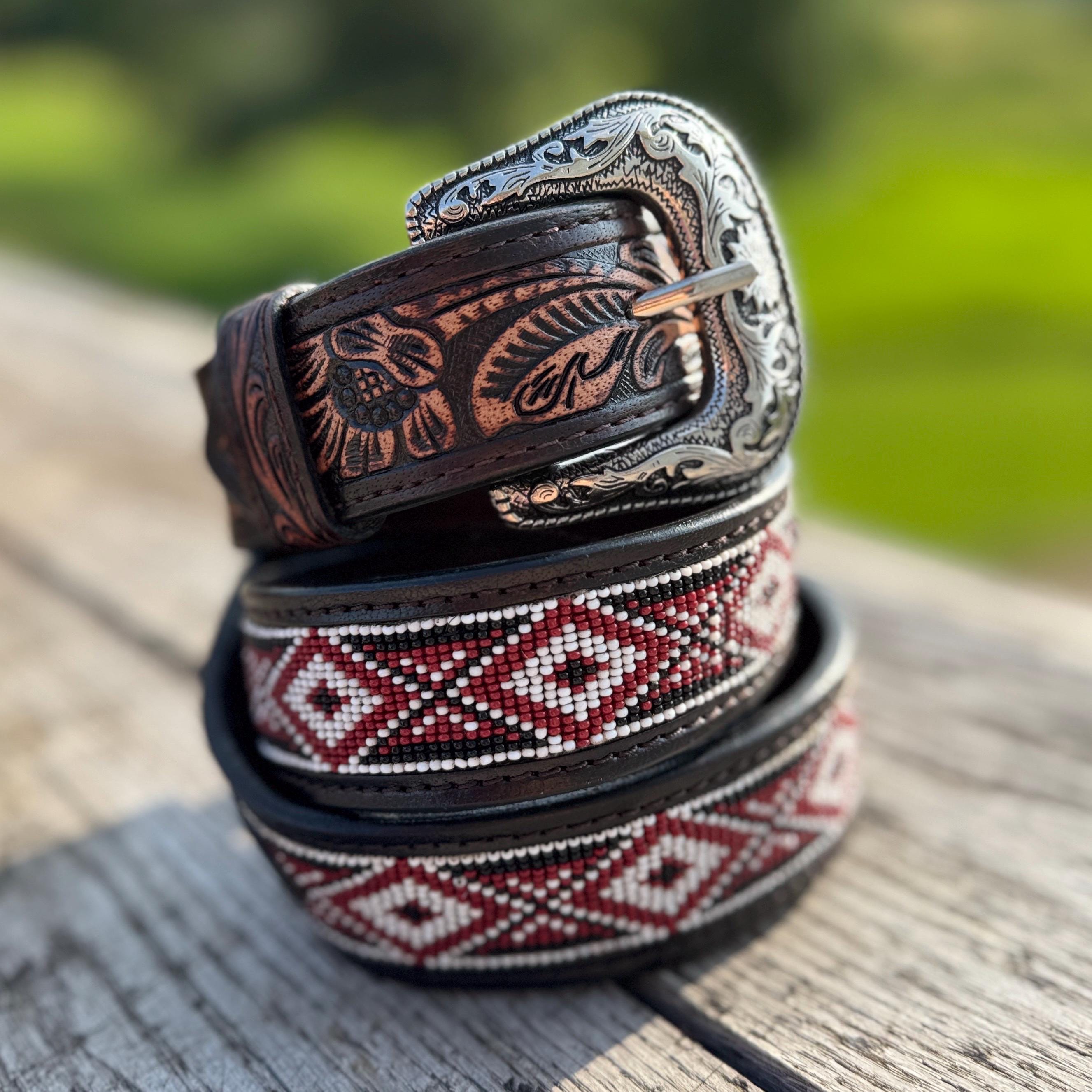Vintage Black Leather Western Belt Colorful Seed Bead Detail & Ornate Buckle 100% Leather Cowboy Cowgirl Belt Hand Tooled Beaded Western  main image 3