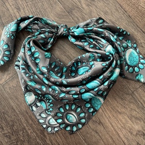 100% Silk Wild Rag Turquoise and Silver jewels and stones on charcoal grey by Double B Wild Rags