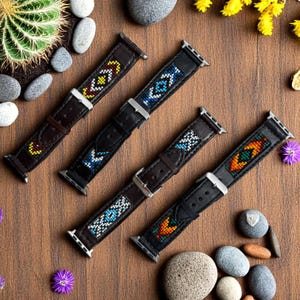 Leren Apple Watch-bandje van Western Native Rocailles van Double B Wild Rags Past: 42 mm 44 mm 45 mm