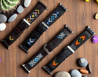 Western Native Seed Bead Leather Apple Watch Band by Double B Wild Rags Fits 42mm 44mm 45mm