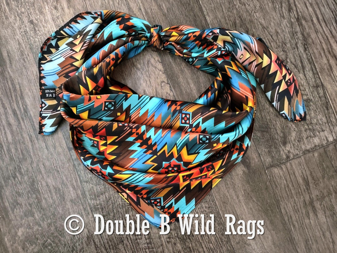 Wild Rag 100% Silk Turquoise and Orange Sunset Cowboy Western Neck ...