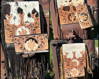 Genuine Western Cowhide Leather Purse and Wallet set with fringe and Cactus Tooling