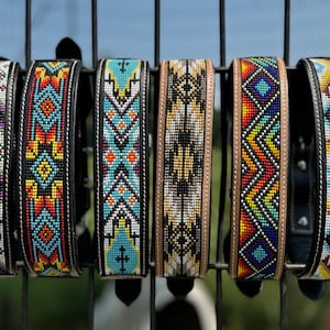 Western leather dog collar tooled and seed bead details by Double B Wild Rags