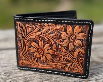 Męski portfel w stylu western, składany na pół, z kwiatowymi zdobieniami, marki Double B Wild Rags