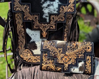 Genuine Western Cowhide Leather Purse or Clutch with cowhide and tooled details a Double B Wild Rags Exclusive