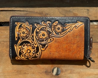 Western Wristlet wallet zipper closure tooled floral leather details by Double B Wild Rags
