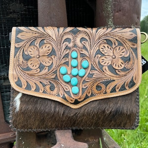 Genuine Western Cowhide Leather Purse with faux turquoise cactus and tooled details by Double B Wild Rags CONCEAL and CARRY