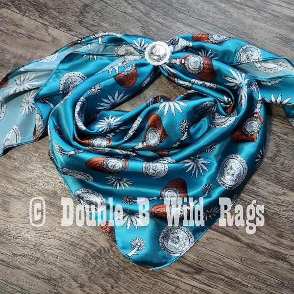 WILD RAG MISC 434 Turquoise and Sorel Brown Spurs, Rowels, and Concho Print Western Neck Scarf Bandanna by Double B Wild Rags