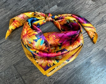 100% Silk Wild Rag “Golden Dahlias” pink purple blue orange yellow by Double B Wild Rags